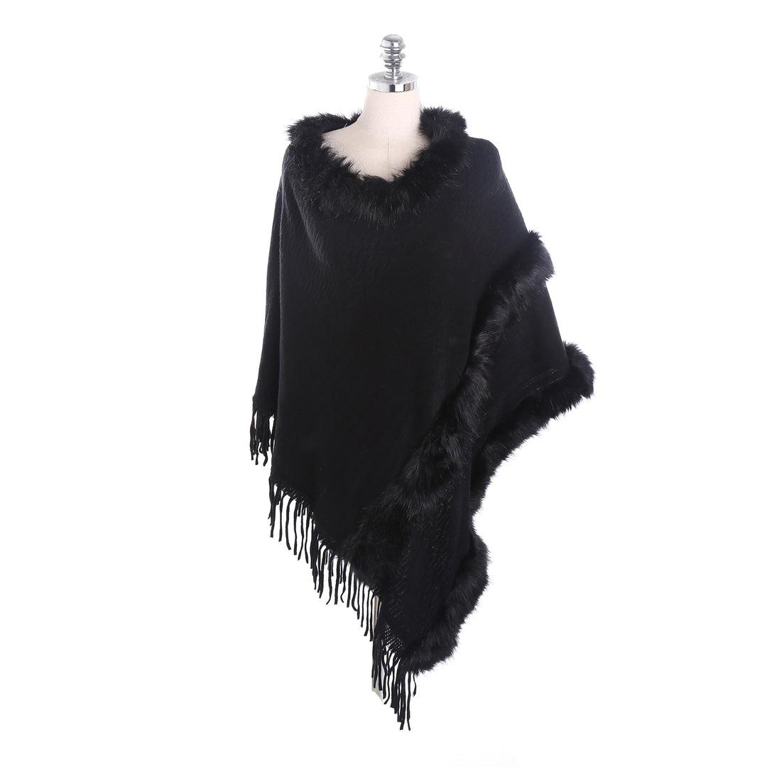 Damen Kuscheliger Wollmix‑Poncho mit Kunstfellbesatz und Fransen – Montévia