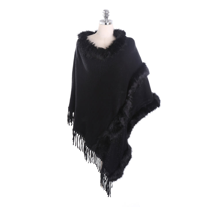 Damen Kuscheliger Wollmix‑Poncho mit Kunstfellbesatz und Fransen – Montévia