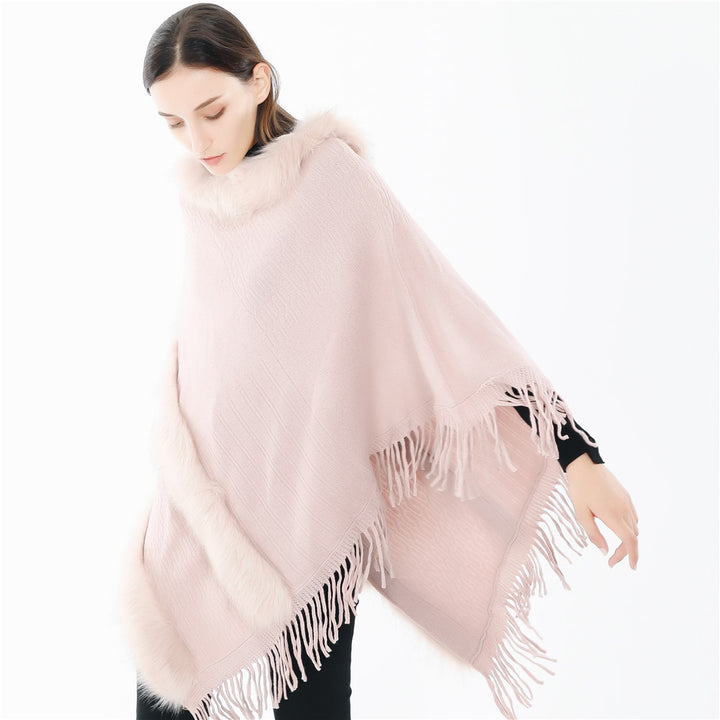 Damen Kuscheliger Wollmix‑Poncho mit Kunstfellbesatz und Fransen – Montévia