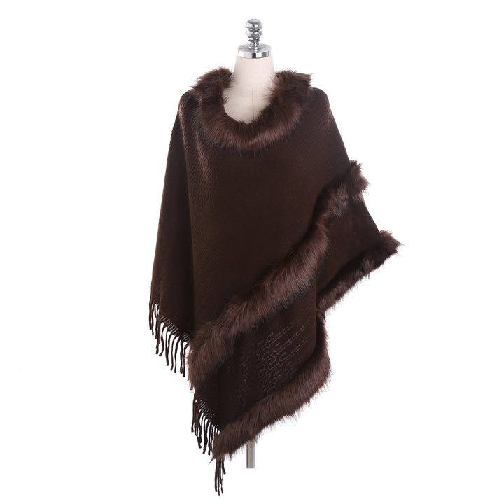 Damen Kuscheliger Wollmix‑Poncho mit Kunstfellbesatz und Fransen – Montévia