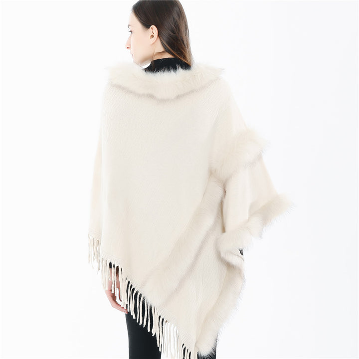 Damen Kuscheliger Wollmix‑Poncho mit Kunstfellbesatz und Fransen – Montévia