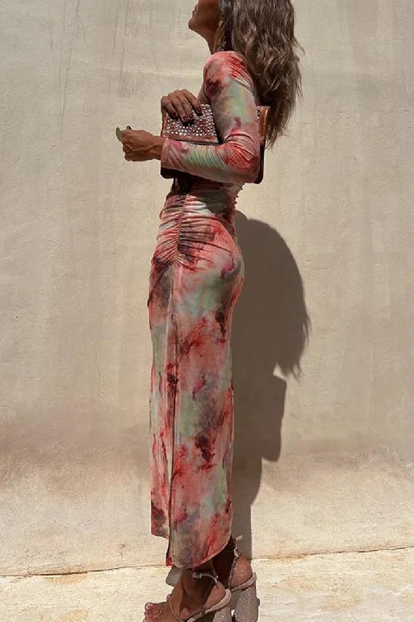 Echoarchiv | Charm Lady Mesh Overlay Tie Dye Print Langarm Rüsch Stretch Midi Kleid