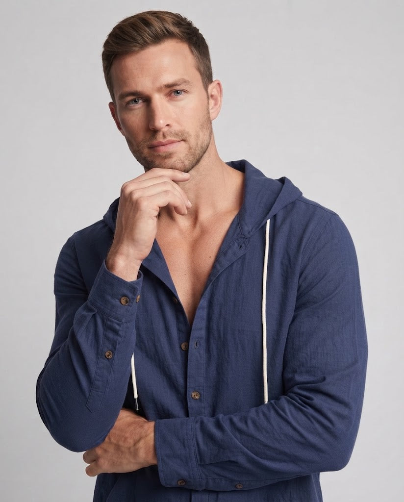 Herren Leichtgewicht Kapuzenhemd-Jacke im Leinen-Look mit Knopfleiste und Kängurutasche Echoarchiv