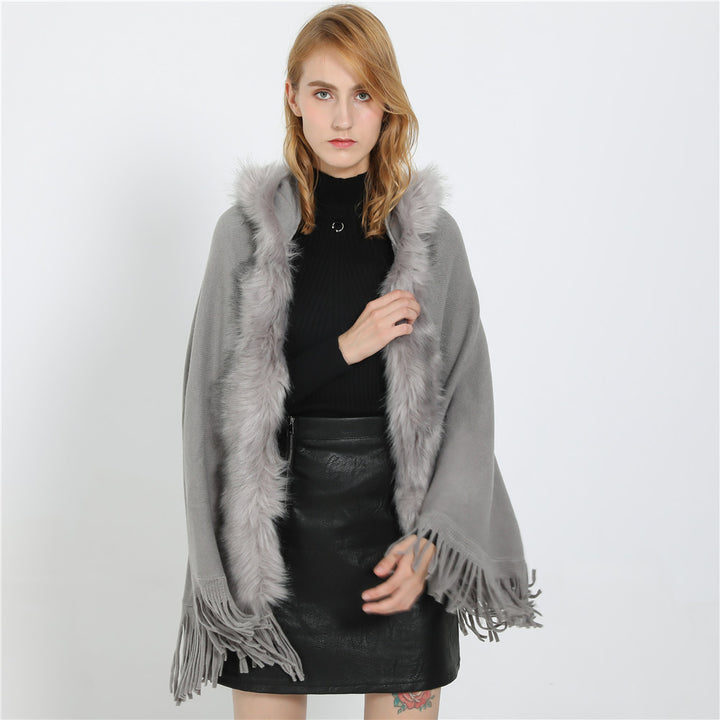 Damen Eleganter Wollmix-Umhangponcho mit abnehmbarem Kunstfellbesatz und Fransensaum – Montévia