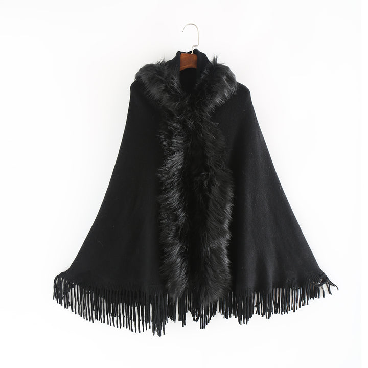 Damen Eleganter Wollmix-Umhangponcho mit abnehmbarem Kunstfellbesatz und Fransensaum – Montévia