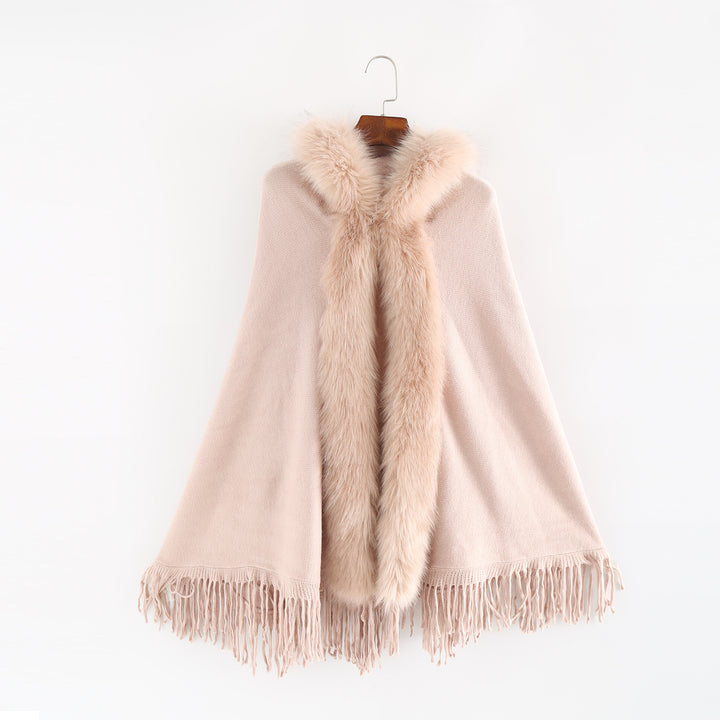 Damen Eleganter Wollmix-Umhangponcho mit abnehmbarem Kunstfellbesatz und Fransensaum – Montévia