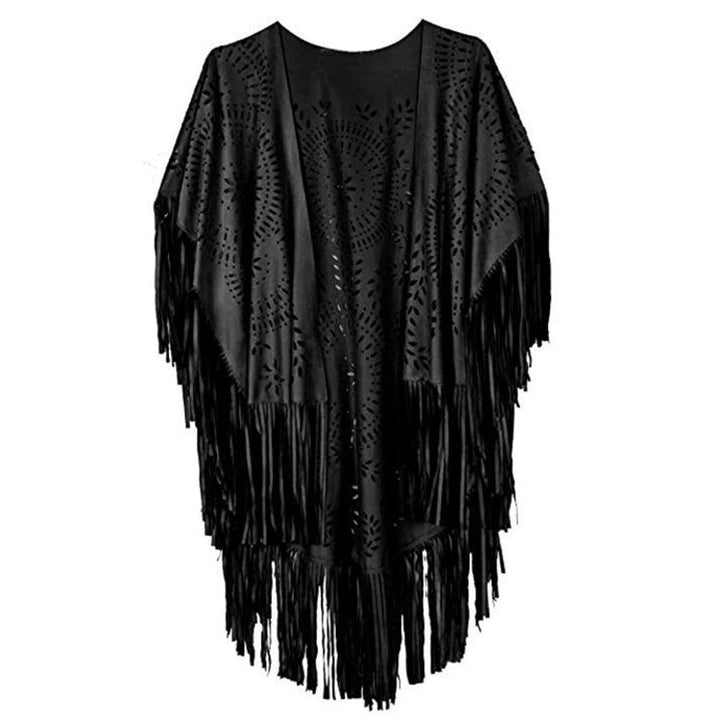 Damen Fransen-Poncho aus Wildlederimitat mit lasergeschnittenem Mandala-Design Echoarchiv