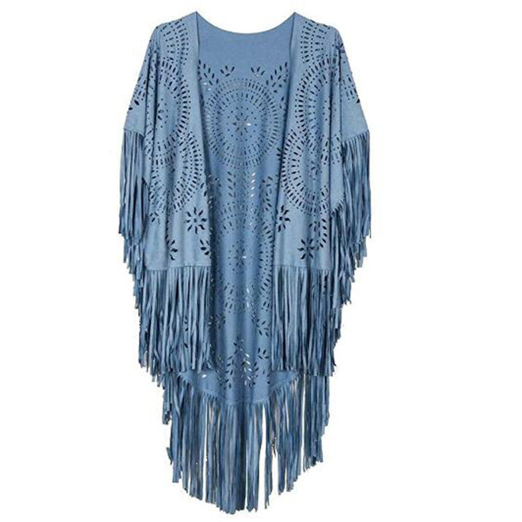 Damen Fransen-Poncho aus Wildlederimitat mit lasergeschnittenem Mandala-Design Echoarchiv