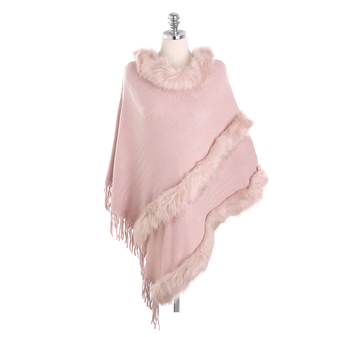 Damen Kuscheliger Wollmix‑Poncho mit Kunstfellbesatz und Fransen – Montévia