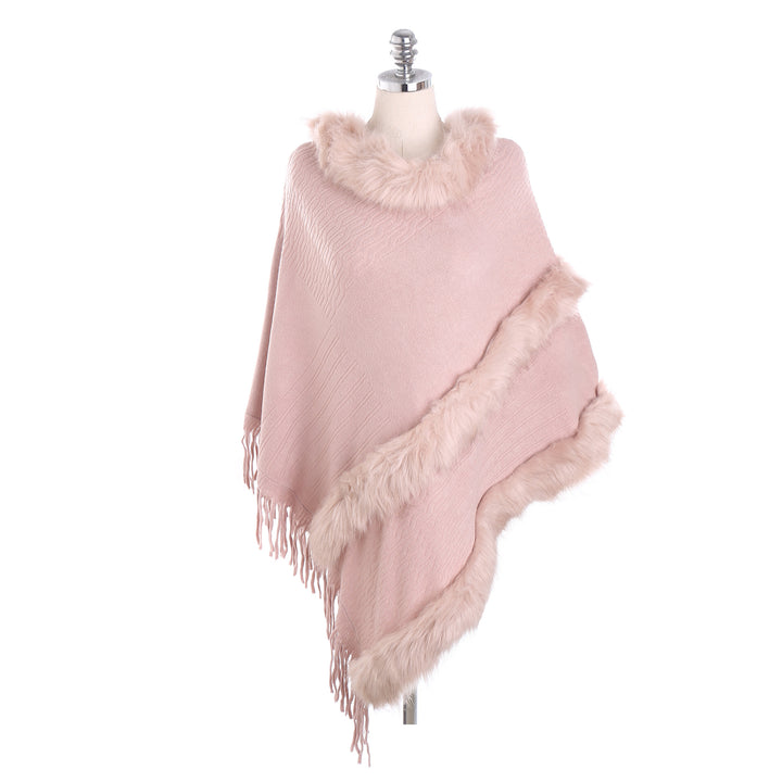 Damen Kuscheliger Wollmix‑Poncho mit Kunstfellbesatz und Fransen – Montévia