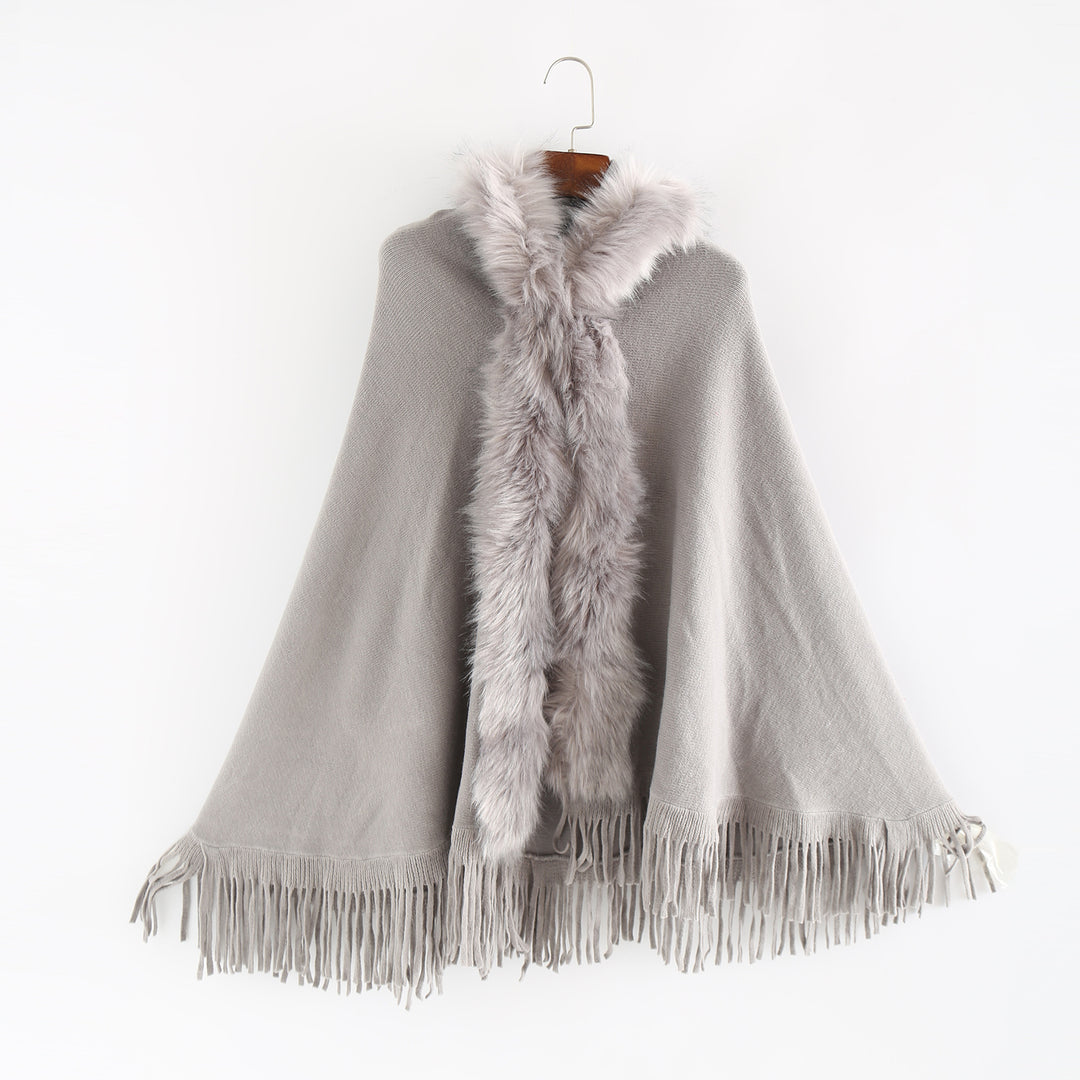 Damen Eleganter Wollmix-Umhangponcho mit abnehmbarem Kunstfellbesatz und Fransensaum – Montévia