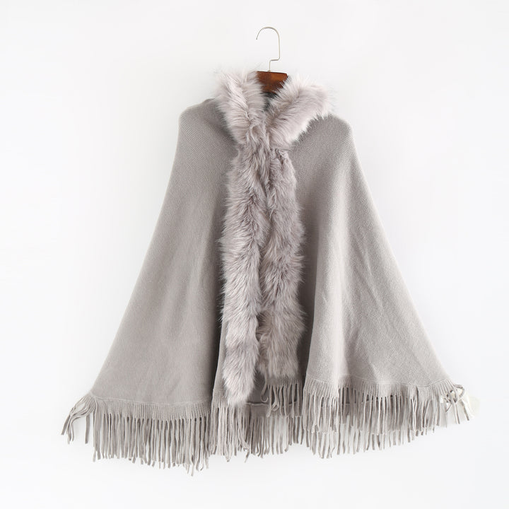 Damen Eleganter Wollmix-Umhangponcho mit abnehmbarem Kunstfellbesatz und Fransensaum – Montévia