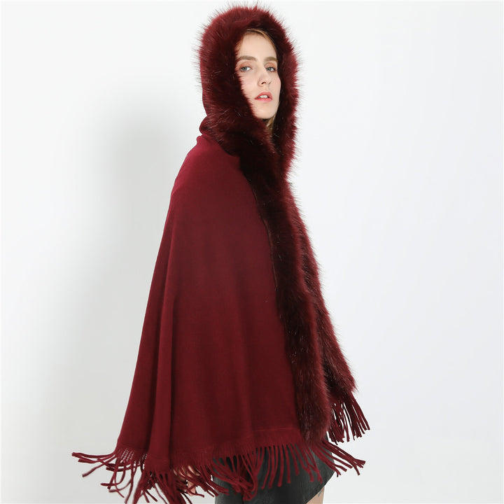 Damen Eleganter Wollmix-Umhangponcho mit abnehmbarem Kunstfellbesatz und Fransensaum – Montévia
