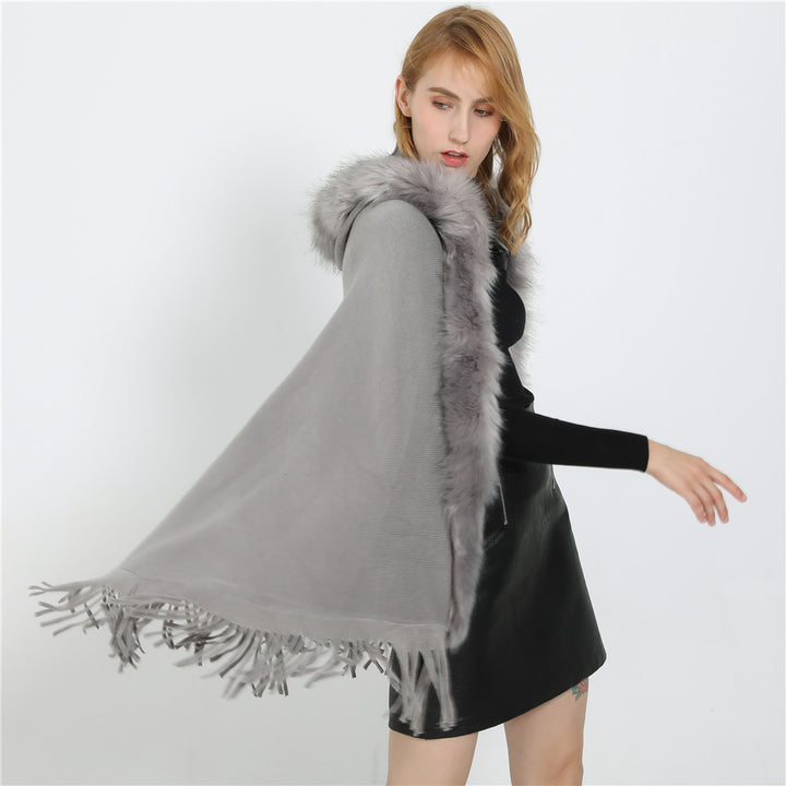 Damen Eleganter Wollmix-Umhangponcho mit abnehmbarem Kunstfellbesatz und Fransensaum – Montévia