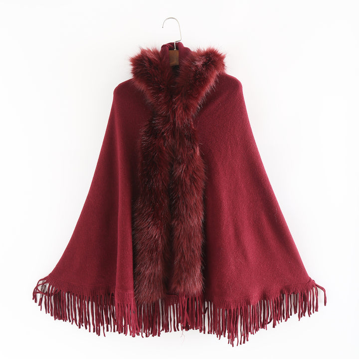 Damen Eleganter Wollmix-Umhangponcho mit abnehmbarem Kunstfellbesatz und Fransensaum – Montévia