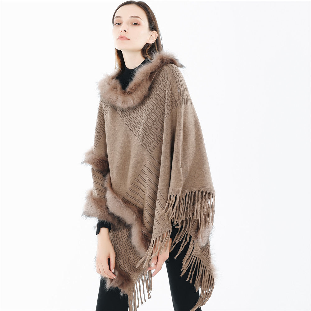 Damen Kuscheliger Wollmix‑Poncho mit Kunstfellbesatz und Fransen – Montévia