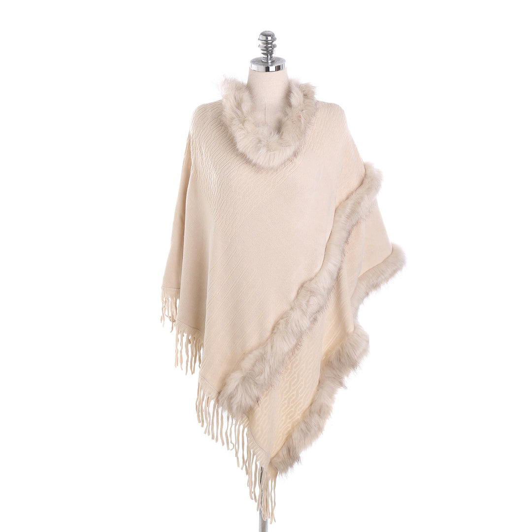 Damen Kuscheliger Wollmix‑Poncho mit Kunstfellbesatz und Fransen – Montévia