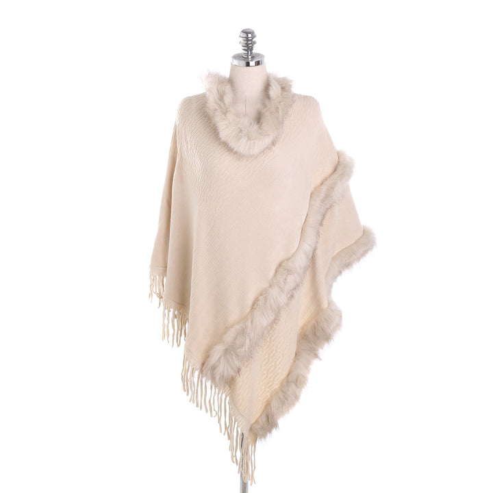 Damen Kuscheliger Wollmix‑Poncho mit Kunstfellbesatz und Fransen – Montévia