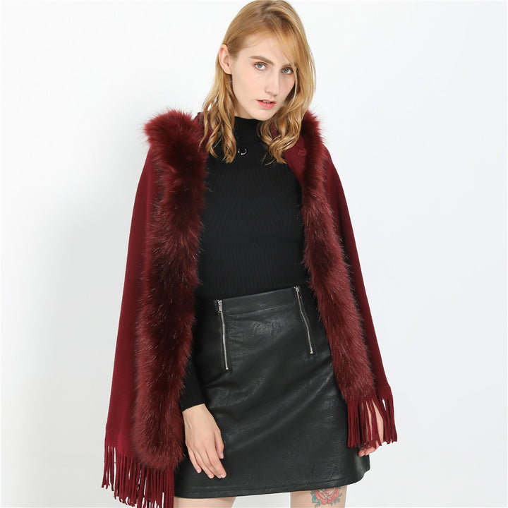 Damen Eleganter Wollmix-Umhangponcho mit abnehmbarem Kunstfellbesatz und Fransensaum – Montévia