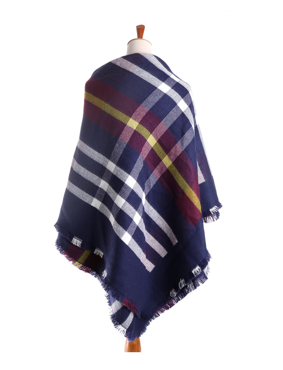 Damen Karierter Capeponcho aus Wollmix mit Steckverschluss und Fransensaum – Montévia
