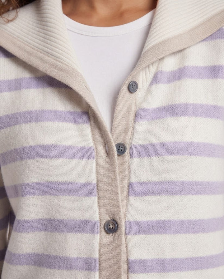 Damen Breton-inspirierter Kapuzen-Cardigan mit soften Feinstrickstreifen Echoarchiv