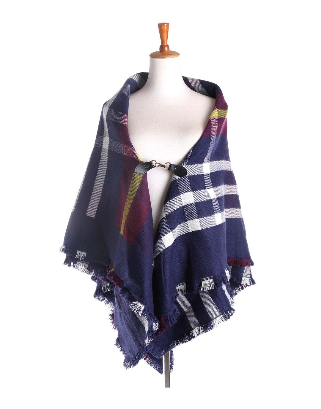 Damen Karierter Capeponcho aus Wollmix mit Steckverschluss und Fransensaum – Montévia