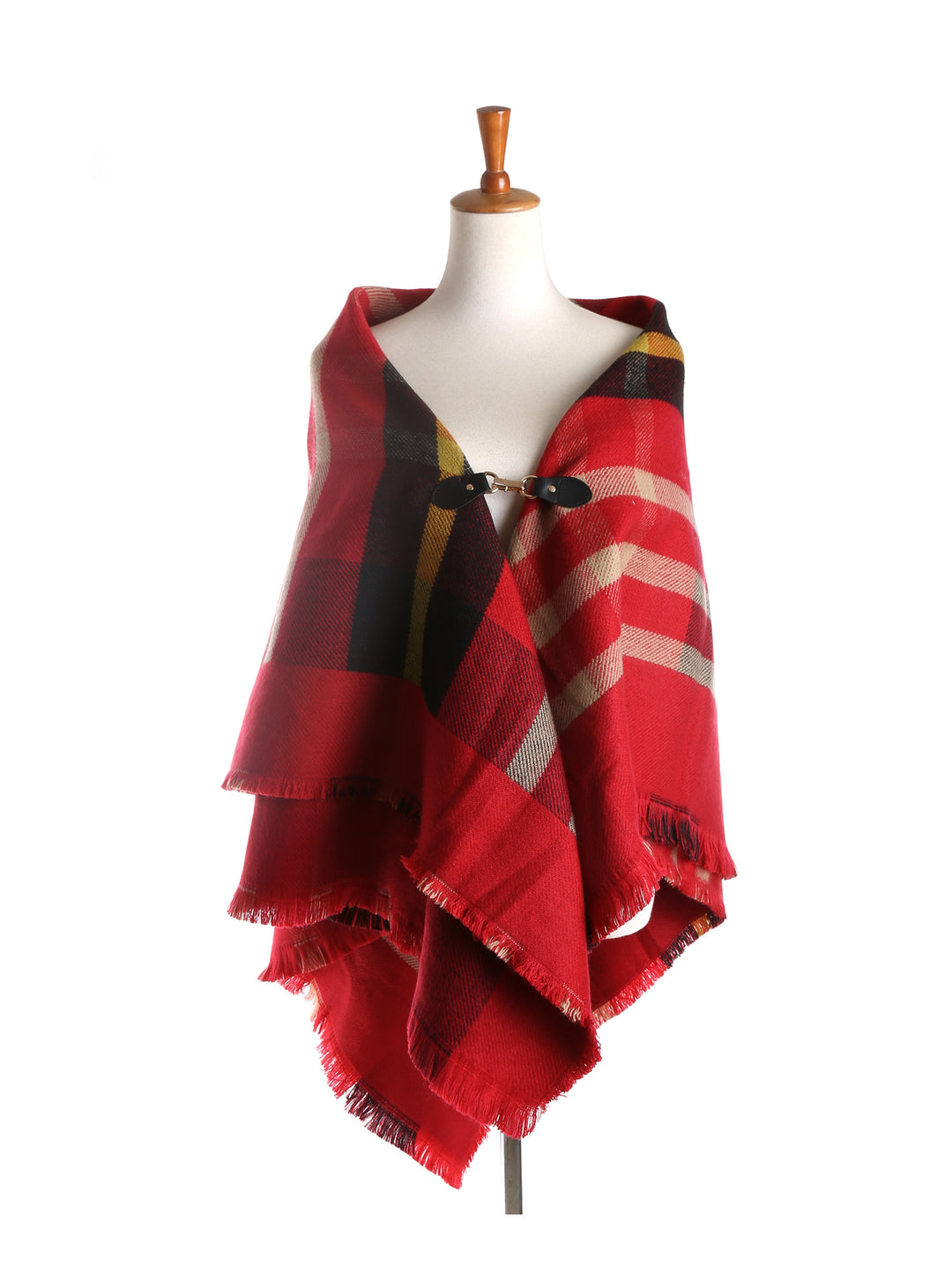 Damen Karierter Capeponcho aus Wollmix mit Steckverschluss und Fransensaum – Montévia