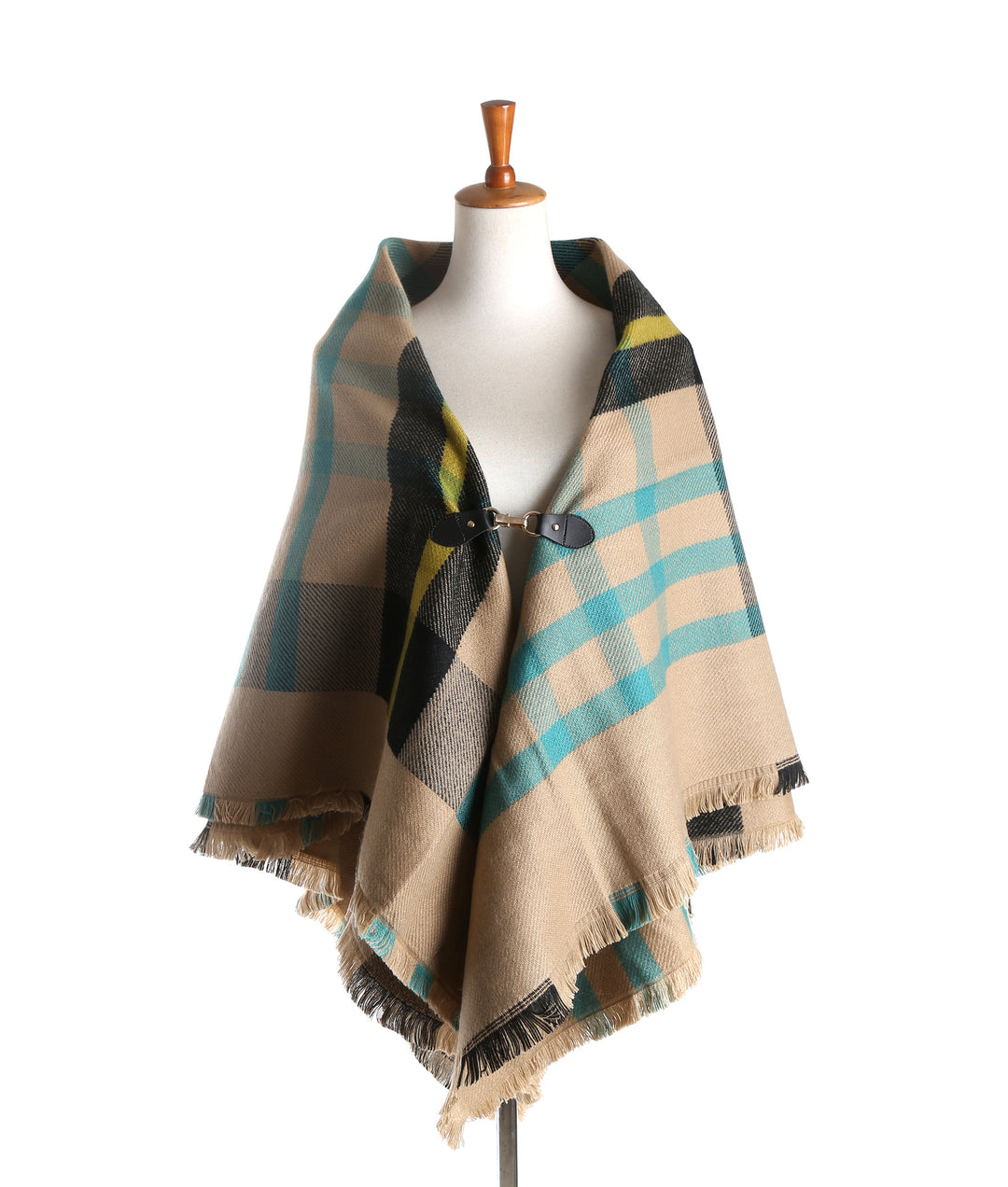 Damen Karierter Capeponcho aus Wollmix mit Steckverschluss und Fransensaum – Montévia