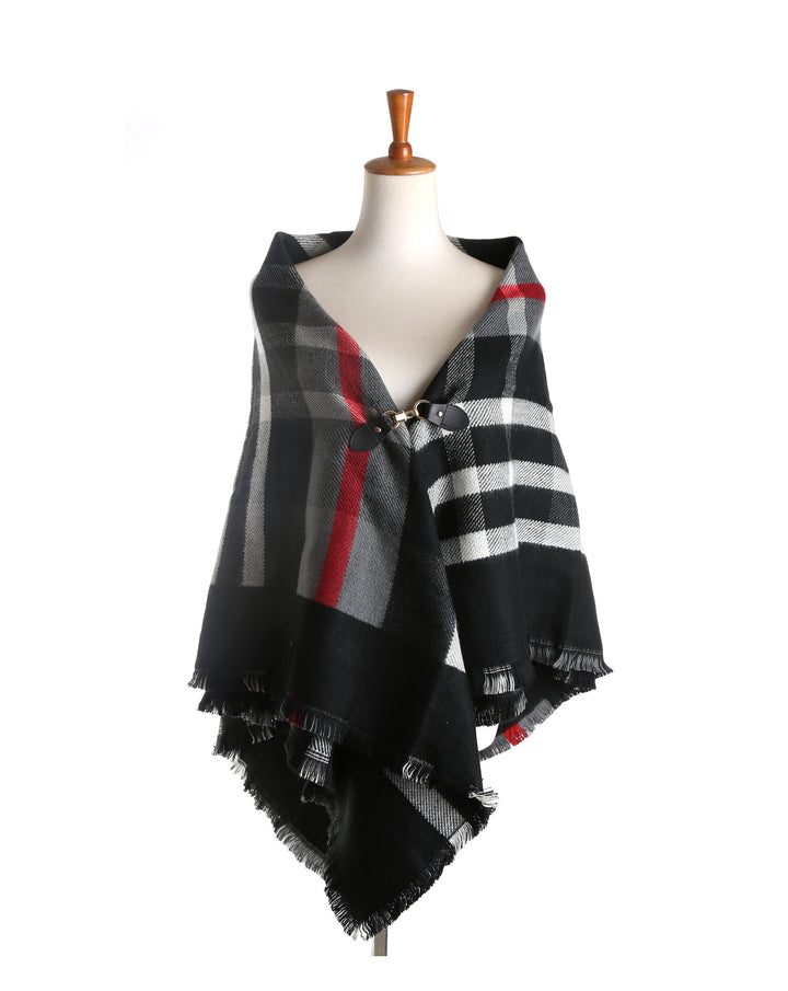 Damen Karierter Capeponcho aus Wollmix mit Steckverschluss und Fransensaum – Montévia
