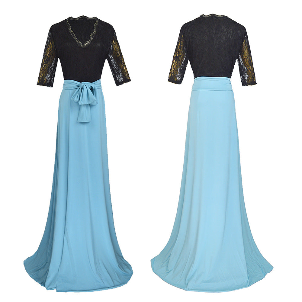Damen Zweiteiliges Abendkleid mit Spitzen-Corsage, V-Ausschnitt & Maxirock mit hohem Beinschlitz Echoarchiv