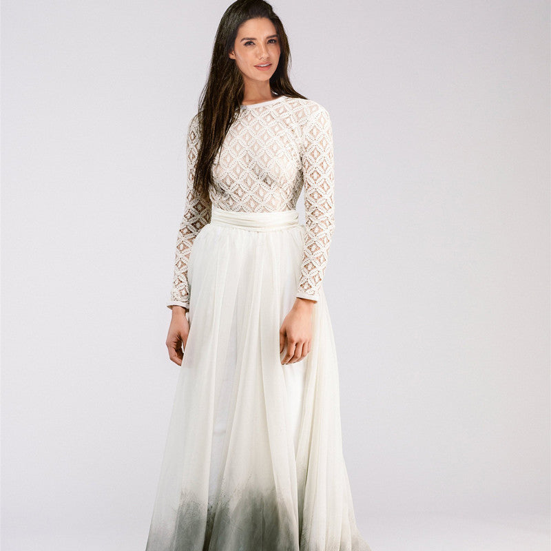 Damen Langärmeliges Spitzenabendkleid mit Tüll-Ombré-Rock Echoarchiv