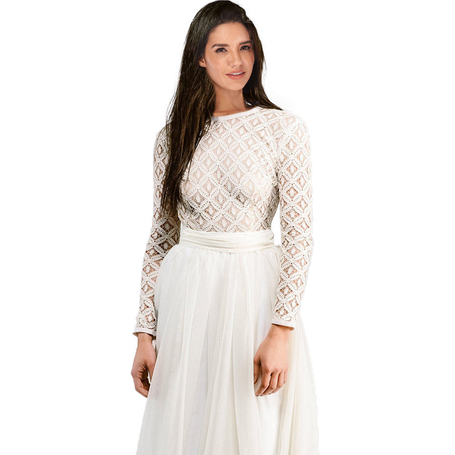 Damen Langärmeliges Spitzenabendkleid mit Tüll-Ombré-Rock Echoarchiv