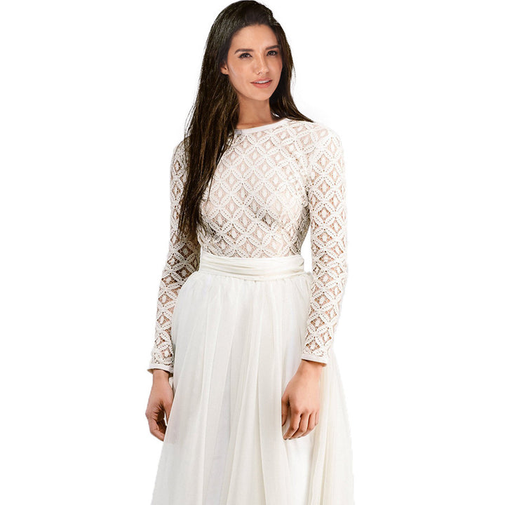 Damen Langärmeliges Spitzenabendkleid mit Tüll-Ombré-Rock Echoarchiv