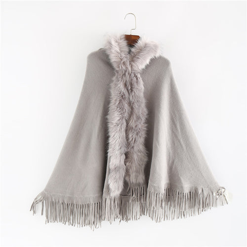 Damen Eleganter Wollmix-Umhangponcho mit abnehmbarem Kunstfellbesatz und Fransensaum – Montévia