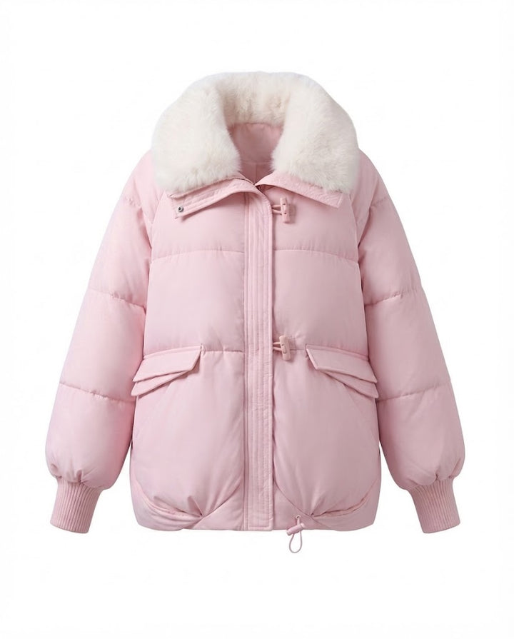 Damen moderne oversized Pufferjacke mit voluminösem Teddy-Kragen, verdecktem Zwei-Wege-Reißverschluss und verstellbarem Saum