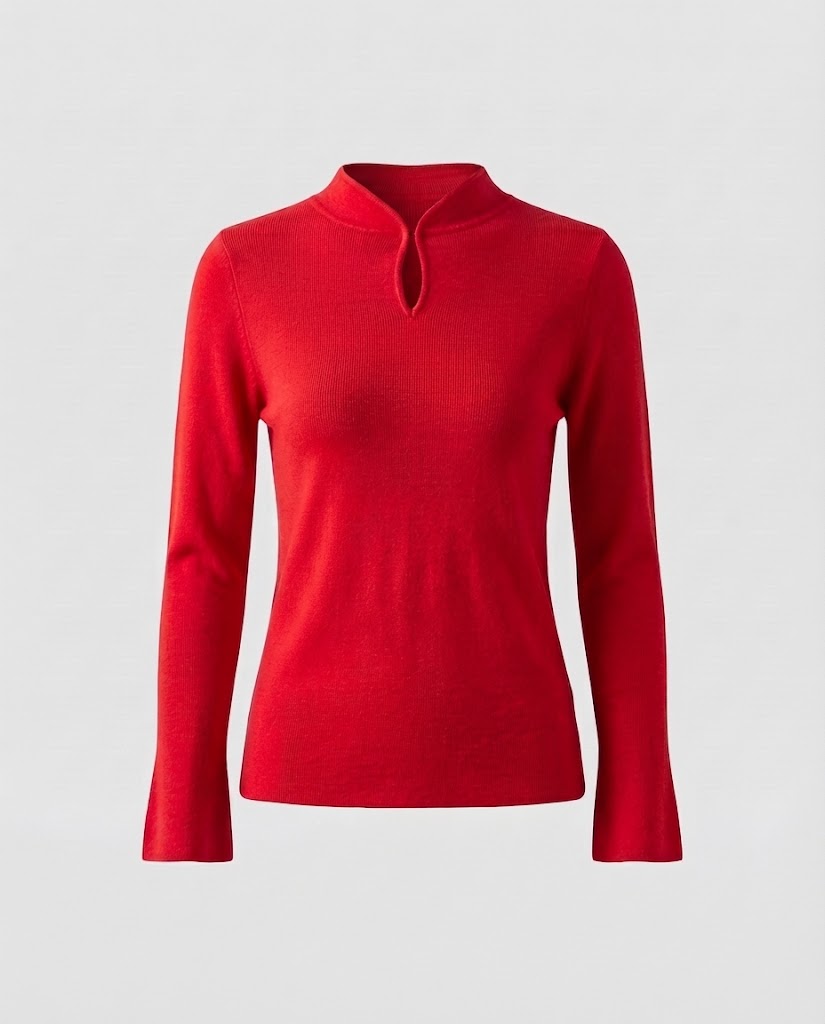 Damen Feinstrick-Longsleeve mit kurzem Stehkragen Schlitzknopf und ausgestelltem Ärmelsaum Echoarchiv