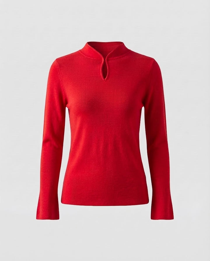 Damen Feinstrick-Longsleeve mit kurzem Stehkragen Schlitzknopf und ausgestelltem Ärmelsaum Echoarchiv