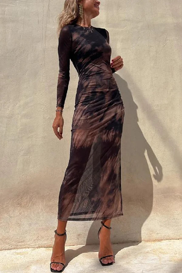 Echoarchiv | Charm Lady Mesh Overlay Tie Dye Print Langarm Rüsch Stretch Midi Kleid