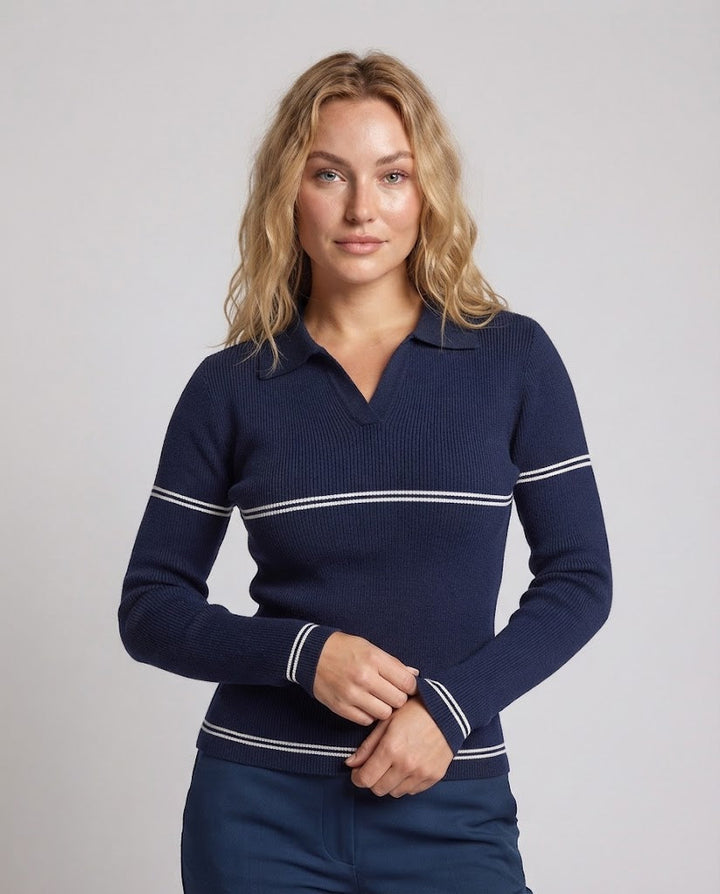 Damen Feinstrick-Polo mit Kontraststreifen und schmaler Rippstruktur Echoarchiv