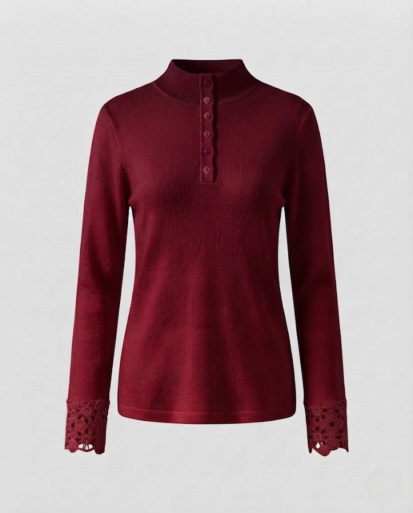 Damen Feiner Stehkragenpullover mit dekorativer Knopfleiste und Spitzenmanschetten Echoarchiv
