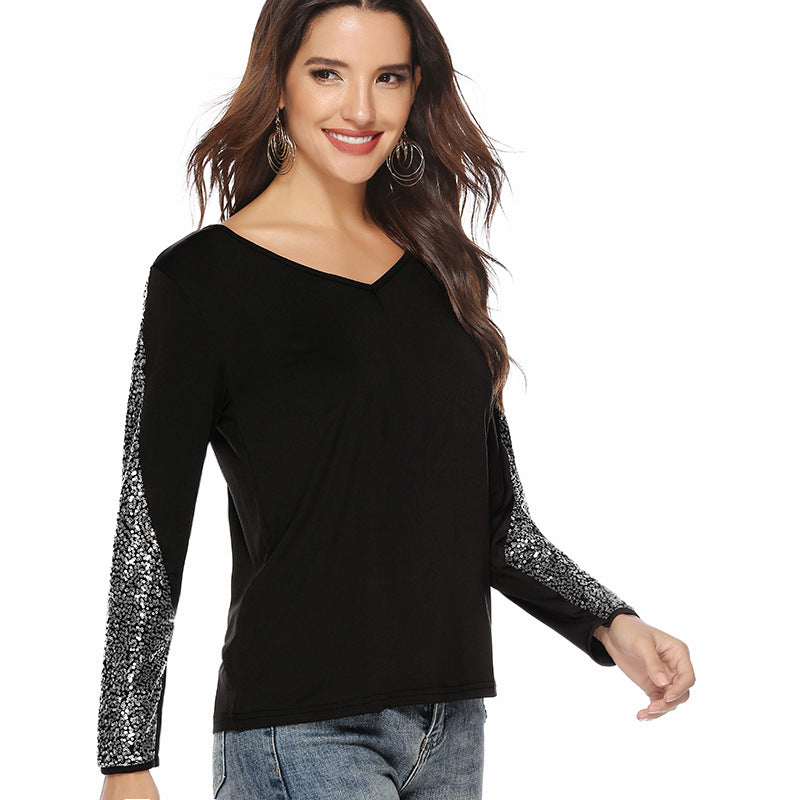 Damen V-Ausschnitt Langarmshirt mit Pailletten-Ärmeln Echoarchiv