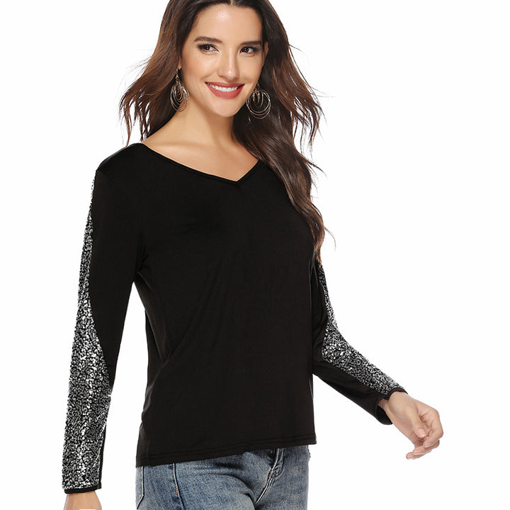 Damen V-Ausschnitt Langarmshirt mit Pailletten-Ärmeln Echoarchiv