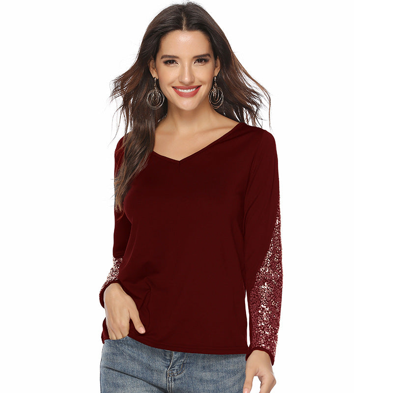 Damen V-Ausschnitt Langarmshirt mit Pailletten-Ärmeln Echoarchiv