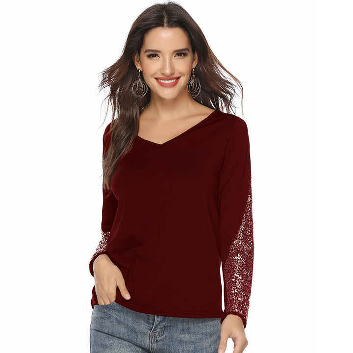 Damen V-Ausschnitt Langarmshirt mit Pailletten-Ärmeln Echoarchiv
