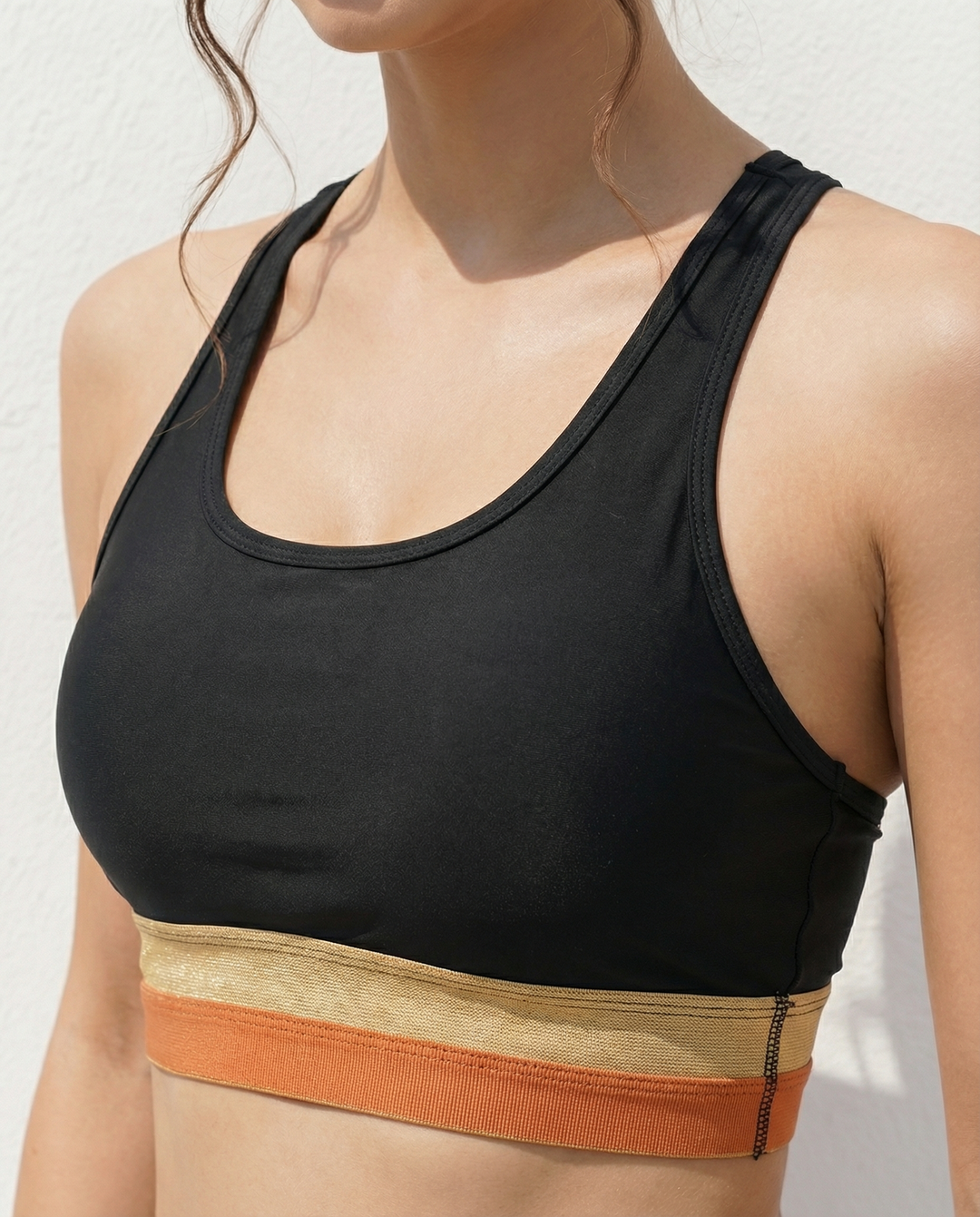Schwarzes Colorblock Reißverschluss Rücken Sport Bikini-Oberteil mit Boyshort-Set – Maréssa