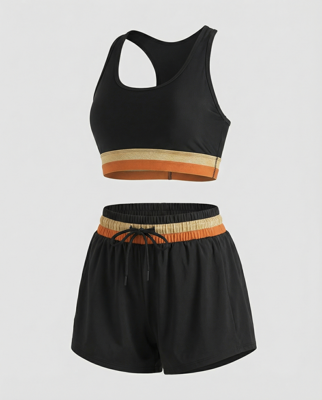 Schwarzes Colorblock Reißverschluss Rücken Sport Bikini-Oberteil mit Boyshort-Set – Maréssa