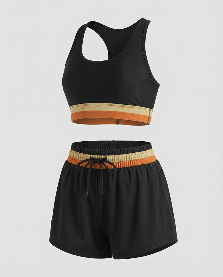 Schwarzes Colorblock Reißverschluss Rücken Sport Bikini-Oberteil mit Boyshort-Set – Maréssa