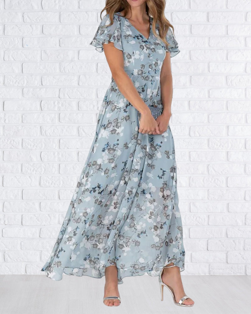 Echoarchiv | Florales Maxikleid Damen Chiffonstoff Luftiges Sommerkleid Maxikleid mit Fließendem Rock