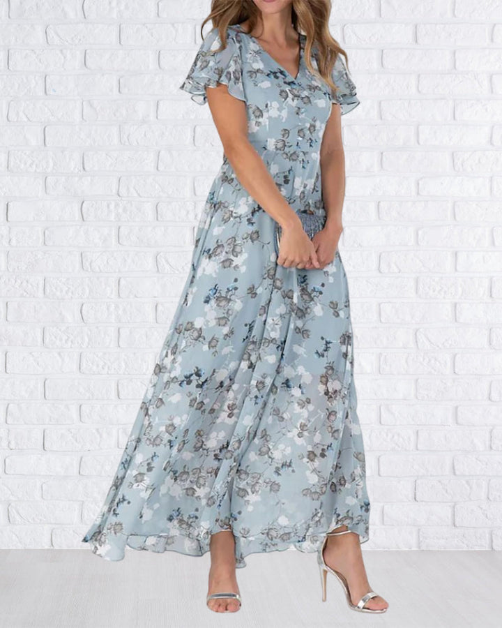 Echoarchiv | Florales Maxikleid Damen Chiffonstoff Luftiges Sommerkleid Maxikleid mit Fließendem Rock