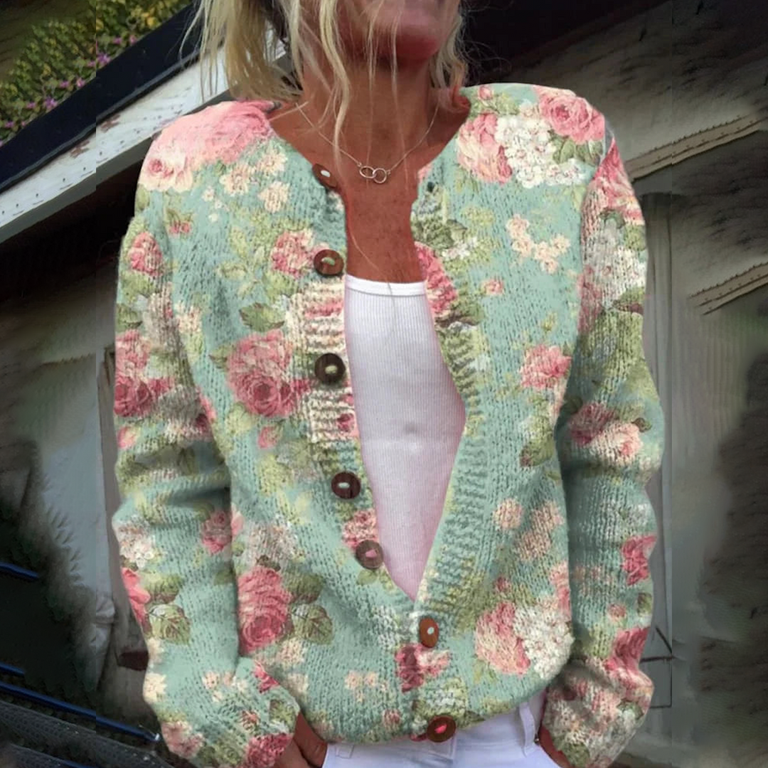 Echoarchiv | Stylische Strickjacke Ohne Kragen Mit Langen Ärmeln Und Blumendruck